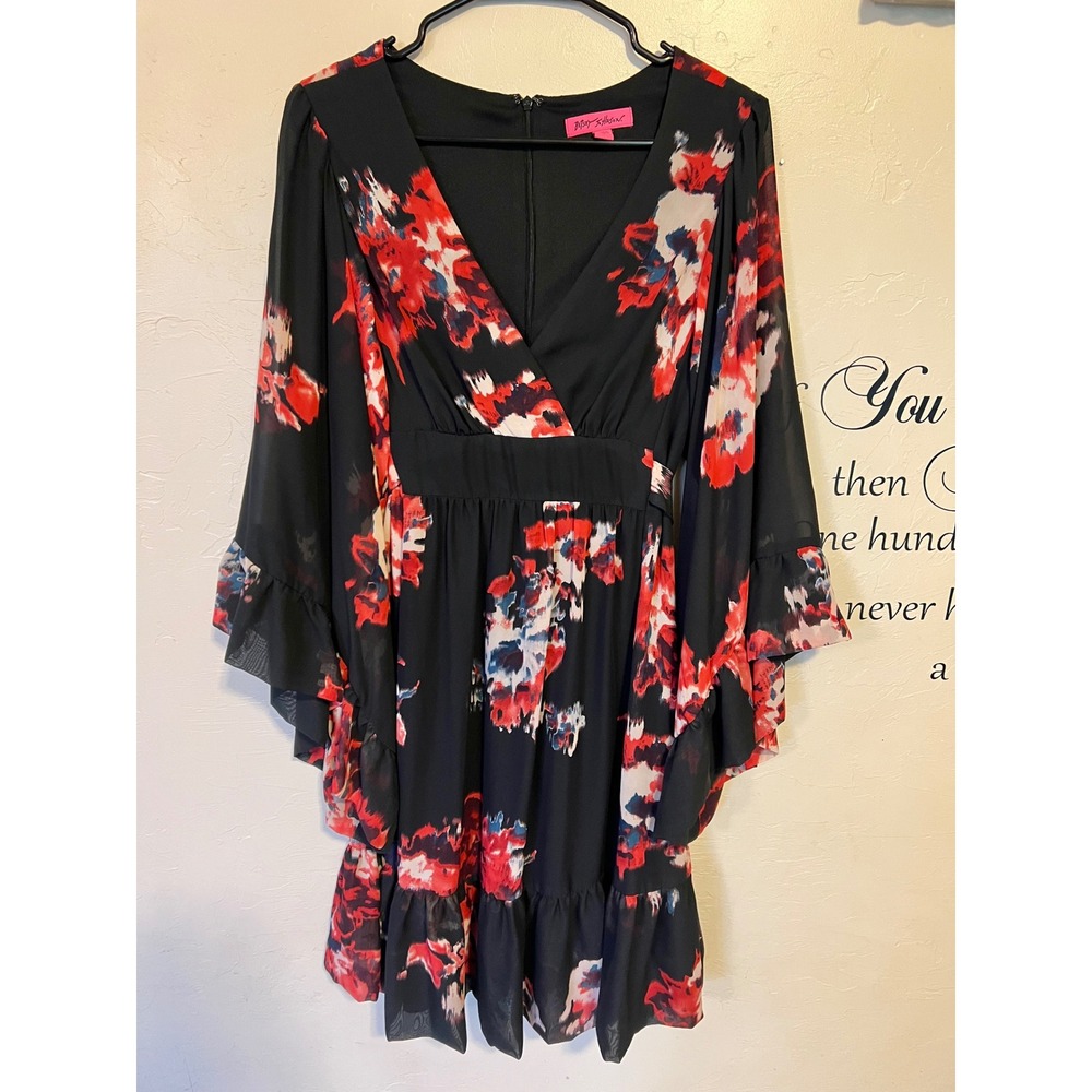 Betsey Johnson Floral Bell Sleeve Mini Dress Dark Romantic Date 90s Y2K V-Neck - Picture 6 of 8